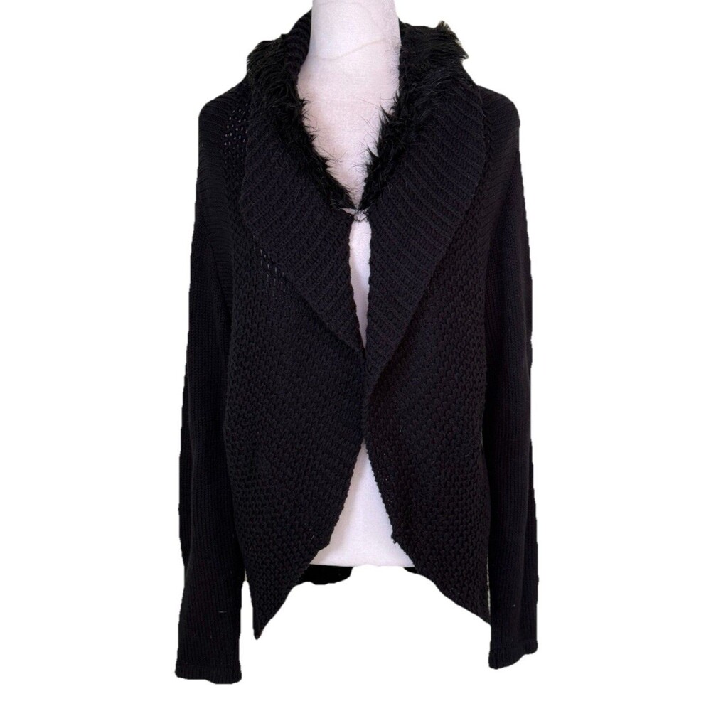 Women’s Black Open Front Cardigan Sweater w/ Fur Collar Layering Soft Grunge Lg